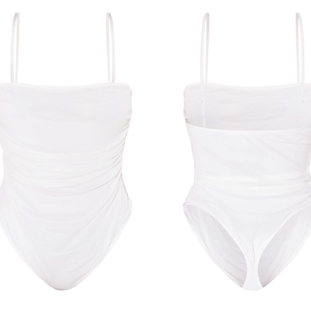 Pretty little thing SHAPE WHITE MESH RUCHED DETAIL THONG BODYSUIT